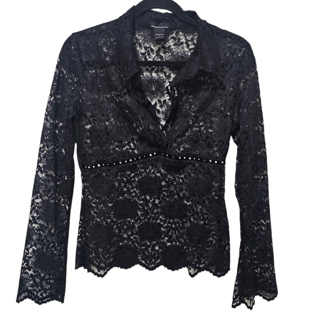 Moda Small Black Lace Top Long Flare Sleeve Pearl Beaded Whimsigoth Witchy